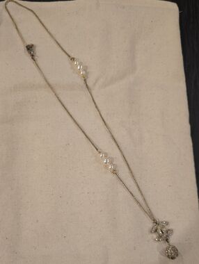 Chanel Delicate Gold Pearl Pendant Necklace with Crystal Accents